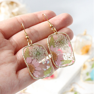Resin & Dried Flower Rectangle Dangle Earrings FS-WG21EF9-04-1
