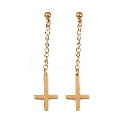 Christian Upside Down Cross 201 Stainless Steel Dangle Stud Earrings LS-EJEW-P314-01B-G-1