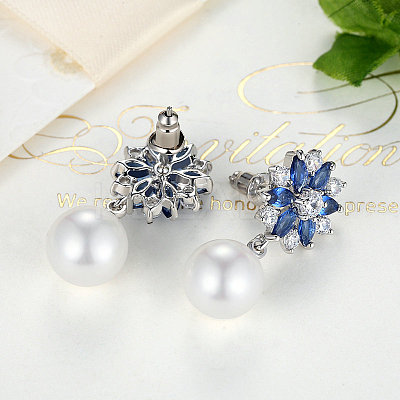 Platinum Plated Brass Flower Cubic Zirconia Stud Earrings EJEW-FF0002-08A-1
