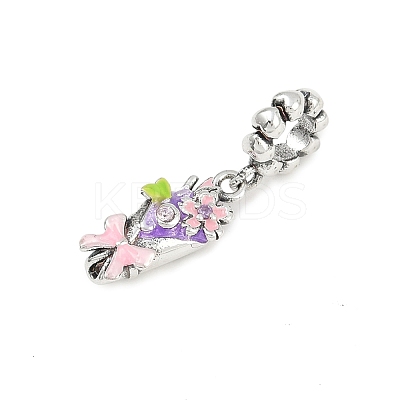 Brass Rhinestone Pink Enamel Bouquet European Dangle Charms KK-P324-06P-1