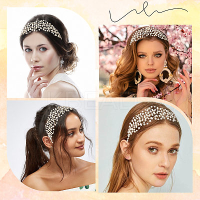Brass ABS Plastic Pearl Beaded Elastic Headband OHAR-WH20008-02G-1