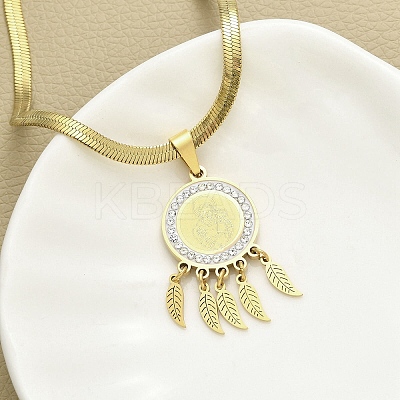 201 Stainless Steel Clear Cubic Zirconia Flat Round Virgin with Feather Pendant Necklaces NJEW-H055-04G-1