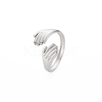 Non-Tarnish 304 Stainless Steel Double Hand Hug Open Cuff Ring for Women RJEW-S405-199P-1