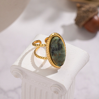 304 Stainless Steel with Natural Gemstone Cuff Open Rings for Women FS3382-1