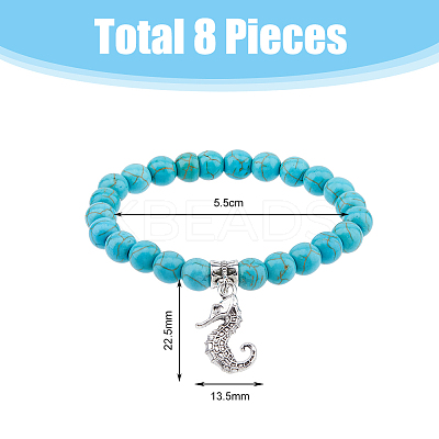 8Pcs 8 Style Synthetic Turquoise Round Beaded Stretch Bracelets Set with Alloy Charms BJEW-FI0001-83-1