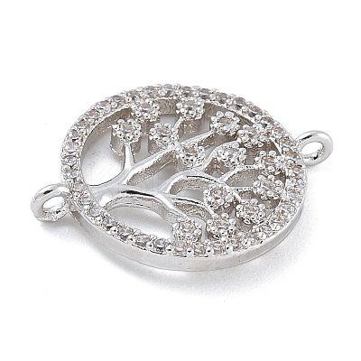 Rack Plating Brass Clear Cubic Zirconia Flat Round with Tree Connector Charms KK-A234-032P-1
