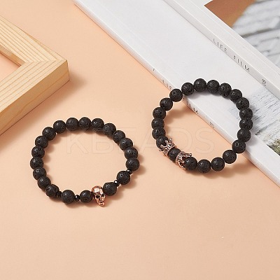 2Pcs 2 Style Natural Lava Rock & Brass Beaded Stretch Bracelets Set BJEW-JB09244-02-1