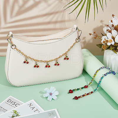 2Pcs 2 Styles Glass Beaded and Alloy Cherry Aluminum Chains Bag Decorative Chains HJEW-PH02234-1