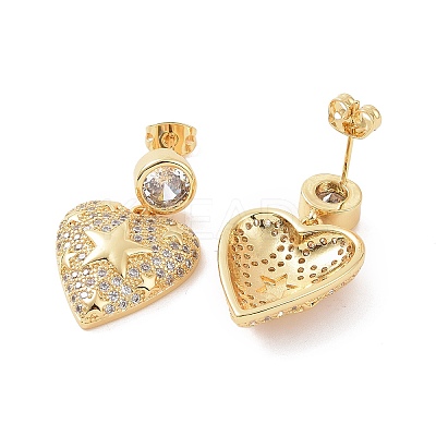 Clear Cubic Zirconia Heart with Star Dangle Stud Earrings EJEW-P224-10G-1