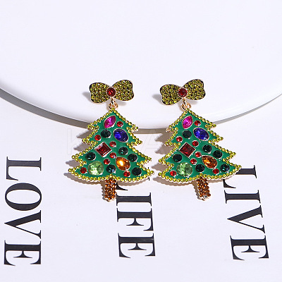 Christmas Trees with Bowknot Alloy Dangle Stud Earrings for Women EJEW-Z078-01A-1
