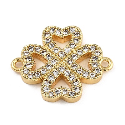 Rack Plating Brass Micro Pave Clear Cubic Zirconia Clover Connector Charms KK-A234-042G-1