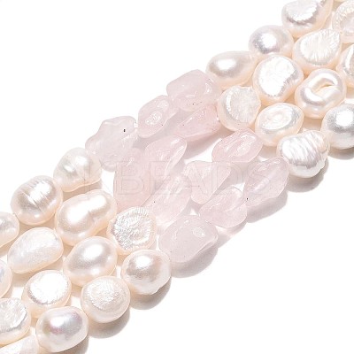 Natural Rose Quartz Nuggets & Natural Cultured Freshwater Pearl Beads Strands PEAR-N023-01A-16-1