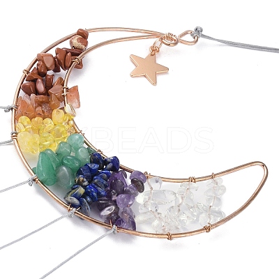 Brass Wire Wrapped Chakra Natural Gemstone Chips Hanging Ornaments AJEW-B028-01G-02-1
