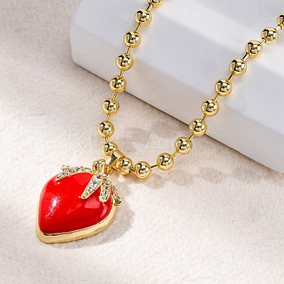 Brass Red Enamel Strawberry Pendant Ball Chain Necklaces NJEW-Z059-02G-1
