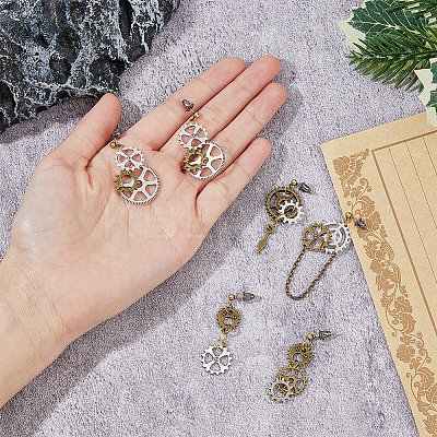 3 Set 3 Style Alloy Toothed Wheel Asymmetrical Earrings EJEW-FI0001-93-1