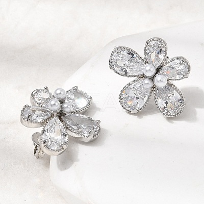 Flower Brass Micro Pave Clear Cubic Zirconia Stud Earrings EJEW-P333-02P-1