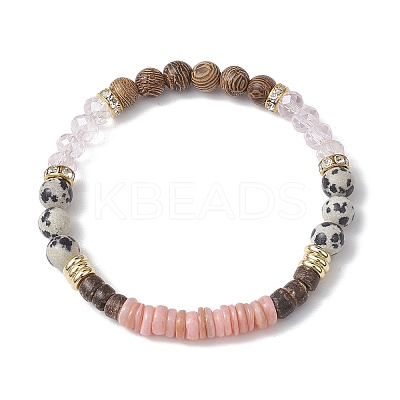 Round Natural Dalmatian Jasper & Glass & Wooden Beaded Stretch Bracelets for Women BJEW-JB10845-1