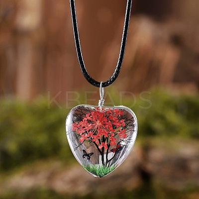Heart Glass with Dried Flower Tree Inner Pendant Black Waxed Cord Necklaces FS-WG87A6D-07-1