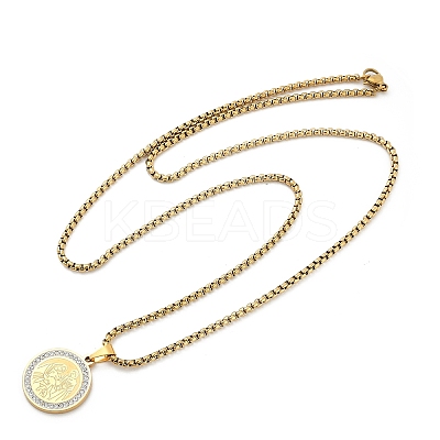201 Stainless Steel Micro Pave Clear Cubic Zirconia Flat Round Pendant Box Chain Necklaces for Men NJEW-S387-03G-1