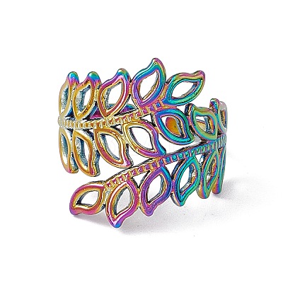 Ion Plating(IP) 304 Stainless Steel Hollow Out Leaf Open Cuff Ring for Women RJEW-C045-16M-1
