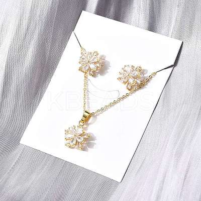 Flower Brass Micro Pave Clear Cubic Zirconia Stud Earrings & Pendant Necklaces Sets SJEW-Z002-04G-1
