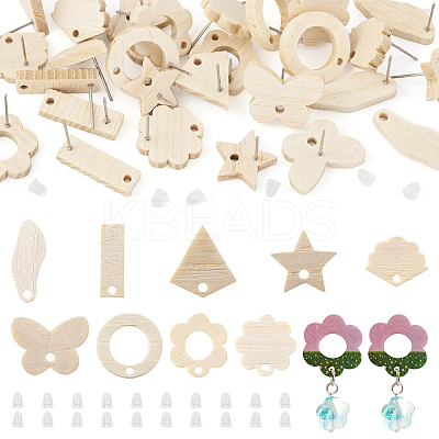 36Pcs 9 Styles Rectangle & Flower & Butterfly & Star Ash Wood Stud Earring Findings EJEW-TA0001-19-1