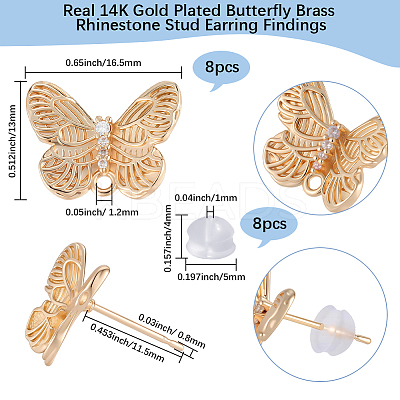 8Pcs Butterfly Brass Rhinestone Stud Earring Findings for Women EJEW-BBC0001-91-1