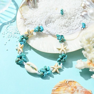 Synthetic Turquoise Starfish & Natural Shell Braided Bead Bracelets BJEW-TA00371-1