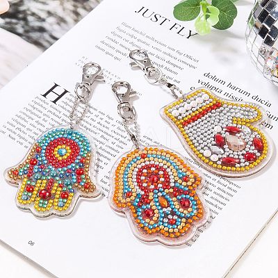 Acrylic Diamond Painting Hamsa Hand Pendant Keychain Kits PW-WG42451-01-1