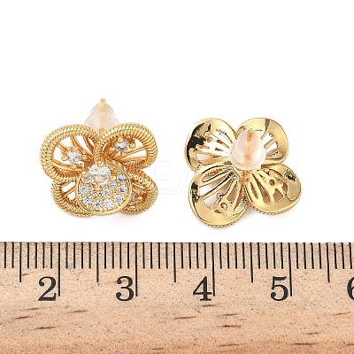 Brass Micro Pave Clear Cubic Zirconia Flower Stud Earrings EJEW-D337-09G-1