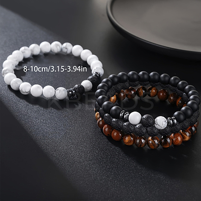 4Pcs Natural Lava Rock & Tiger Eye & Howlite Beaded Stretch Bracelets for Women Men QY3099-1