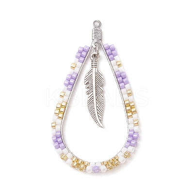 Bohemia Style Glass Seed Beaded Teardrop with Feather Pendants PALLOY-MZ00589-02-1