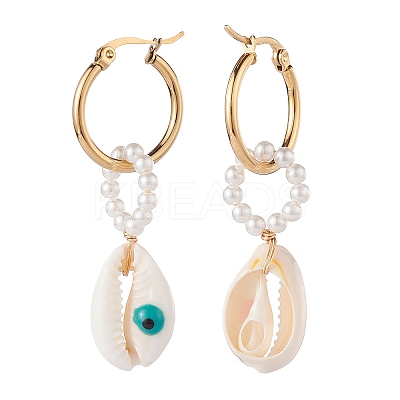 Shell Pearl Beaded Dangle Hoop Earrings EJEW-TA00042-1