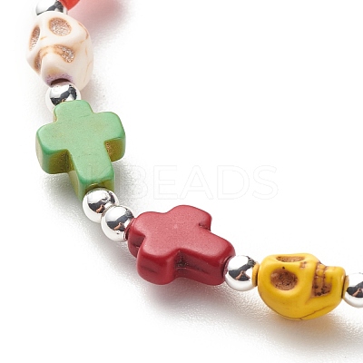 Synthetic Turquoise(Dyed) Cross & Skull Beaded Stretch Bracelet BJEW-JB08451-02-1