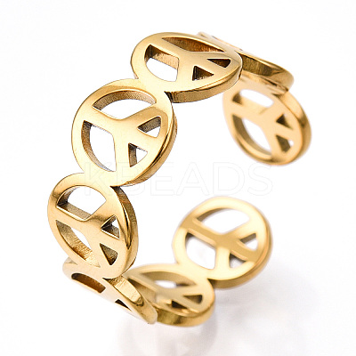Ion Plating(IP) 304 Stainless Steel Peace Sign Open Cuff Ring for Women RJEW-T027-08G-1