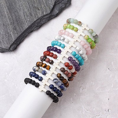 12Pcs 12 Styles Natural & Synthetic Gemstone Round Beaded Stretch Bracelets for Women Men BJEW-JB11367-1