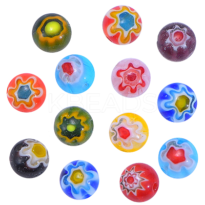 Millefiori Glass Round-Single Flower Bead Strands LAMP-CJ0001-15-1