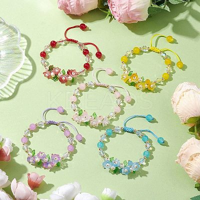 Flower Glass & Acrylic Braided Bead Adjustable Bracelets for Women BJEW-JB10446-1