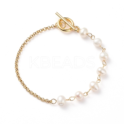 Natural Pearl Beaded Link Bracelet with 304 Stainless Steel Rolo Chains for Women BJEW-JB08776-01-1