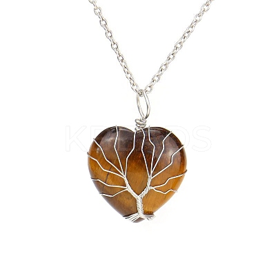 Natural Tiger Eye Heart Pendant Necklaces PW-WG58330-07-1