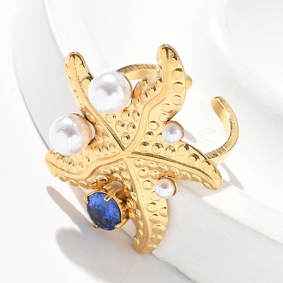 304 Stainless Steel Micro Pave Cubic Zirconia Plastic Pearl Cuff Rings RJEW-D310-02C-G-1