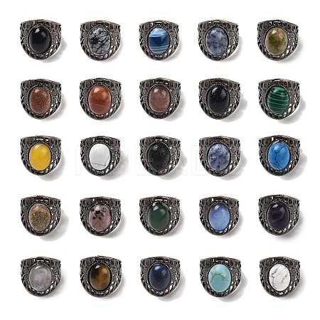 Natural Gemstone Oval Adjustable Rings RJEW-K271-06R-1