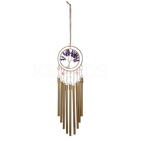 Wire Wrapped Natural Amethyst Chips Tree of Life Wind Chime HJEW-G028-04B-1