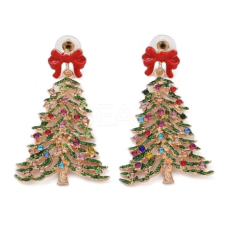 Bowknot Christmas Tree Alloy Colorful Rhinestone & Enamel Dangle Stud Earrings for Women LS-EJEW-L203-11KCG-1