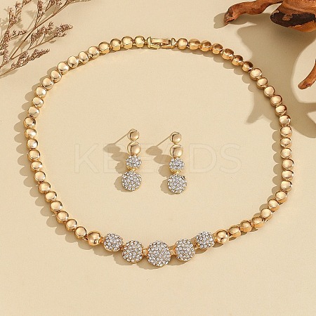 Brass Crystal Rhinestone Flat Round Link Chain Necklaces & Stud Dangle Earrings Sets for Women FS-WG8EC1E-01-1