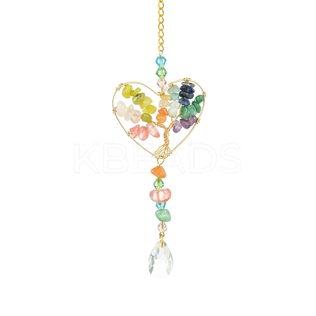 Wire Wrapped Natural Gemstone Chip Heart with Tree Pendant Decoration HJEW-FS00021-1
