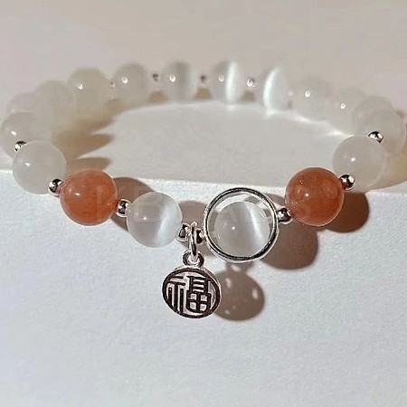 Flat Round Alloy & Cat Eye & Natural Moonstone Round Beaded Lucky Charm Bracelets for Women WG9D4EC-03-1