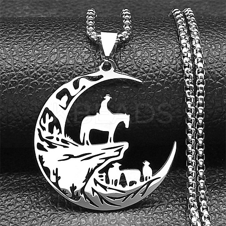 201 Stainless Steel Hollow Cut Cowboy Moon Pendant Necklaces NJEW-H065-26P-1