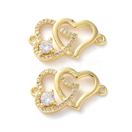 Rack Plating Brass Cubic Zirconia Double Heart Connector Charms KK-C084-32E-G-1
