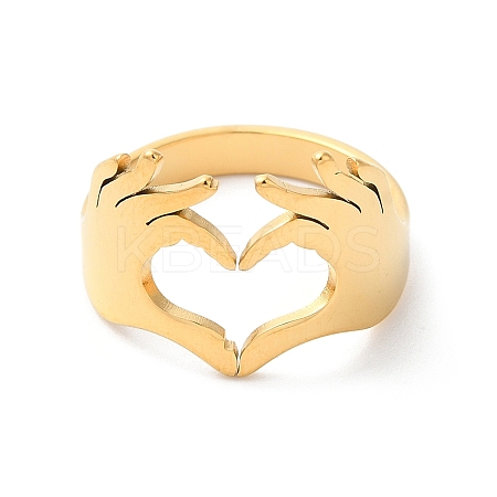 Ion Plating(IP) 304 Stainless Steel Hand Heart Open Cuff Ring for Women RJEW-K245-45G-1